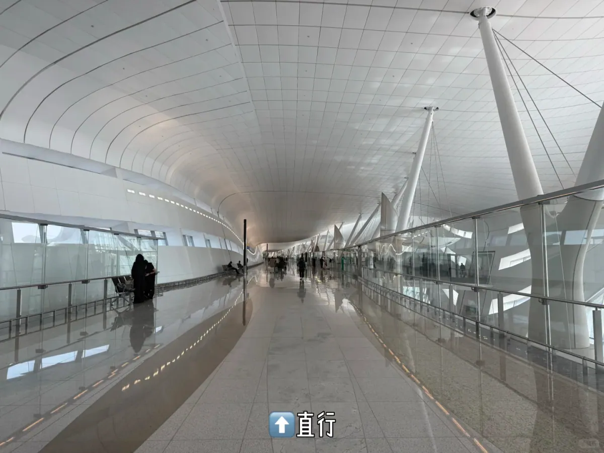 The corridor towards passport control, bright with daylight through the glass wall