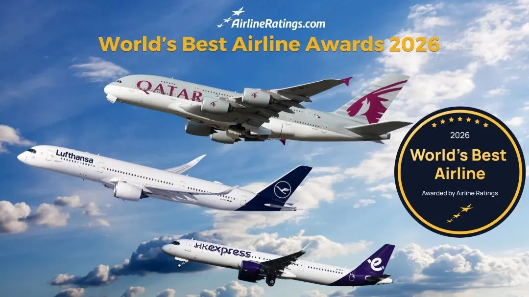 The AirlineRatings.com World's Best Airline Awards 2026 banner, showing Qatar Airways, Lufthansa and HK Express aircraft