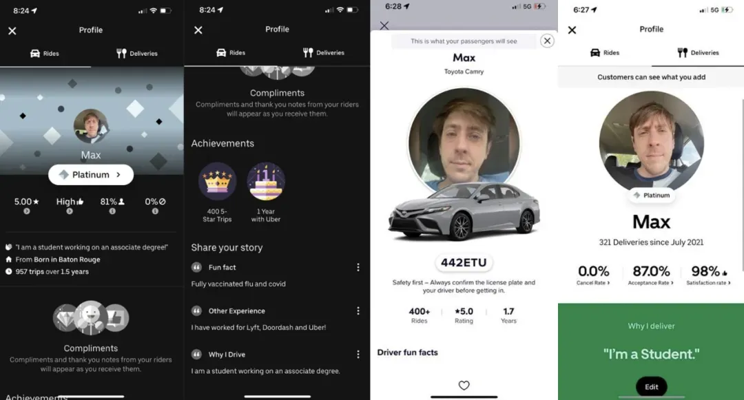 Driver details and ratings in the app