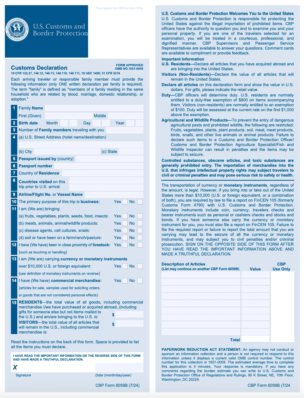 The customs declaration form, English version
