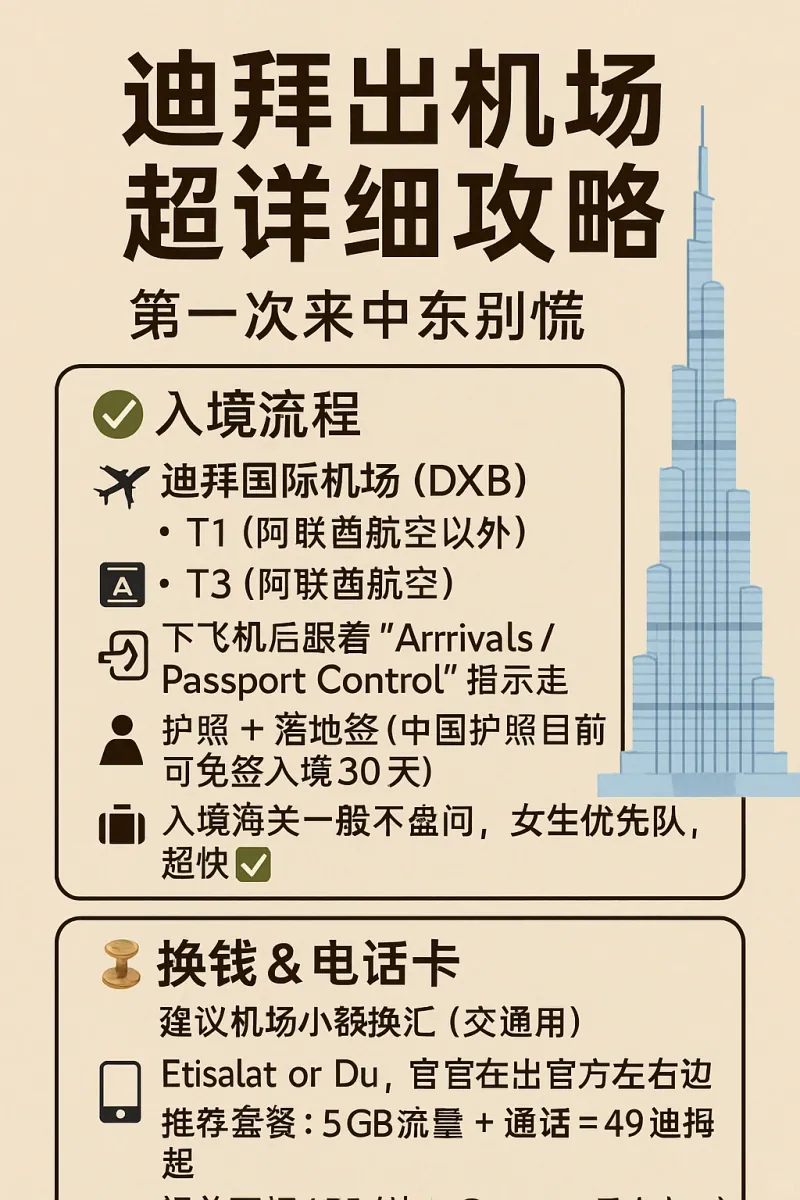 Dubai airport arrival infographic: immigration, money and SIM cards, transport into the city, practical tips