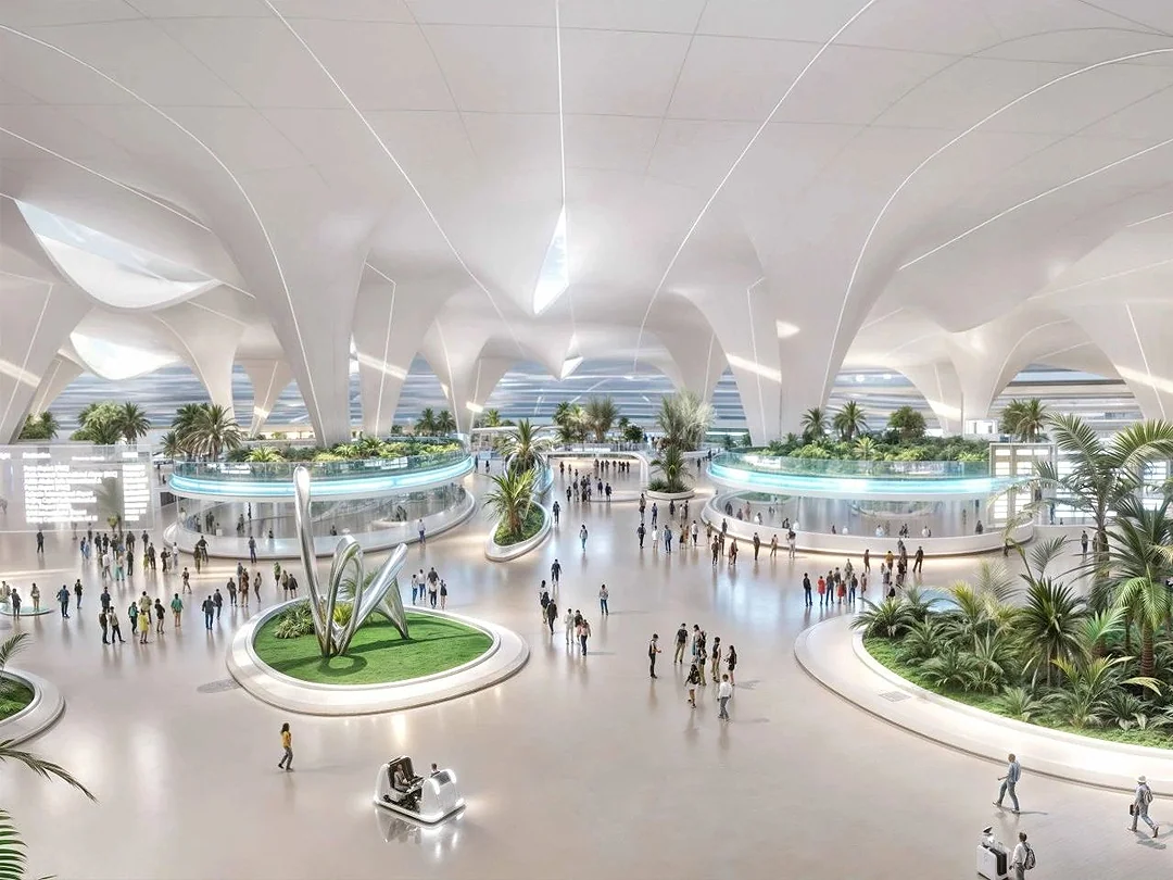 Rendering of the terminal interior: a hall beneath white vaulted roofs, with planting and water running through it