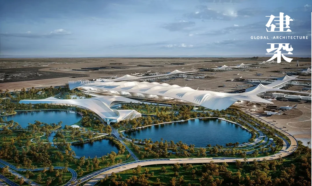 Aerial rendering of the Al Maktoum masterplan: terminals, runways and the surrounding desert
