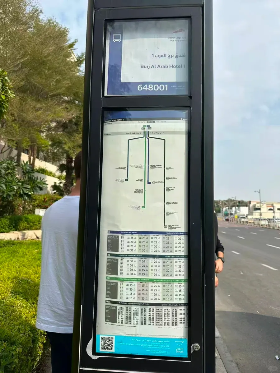 A roadside bus stop board: stop name and number, route map, and timetables for routes 8, 81, 88 and N55