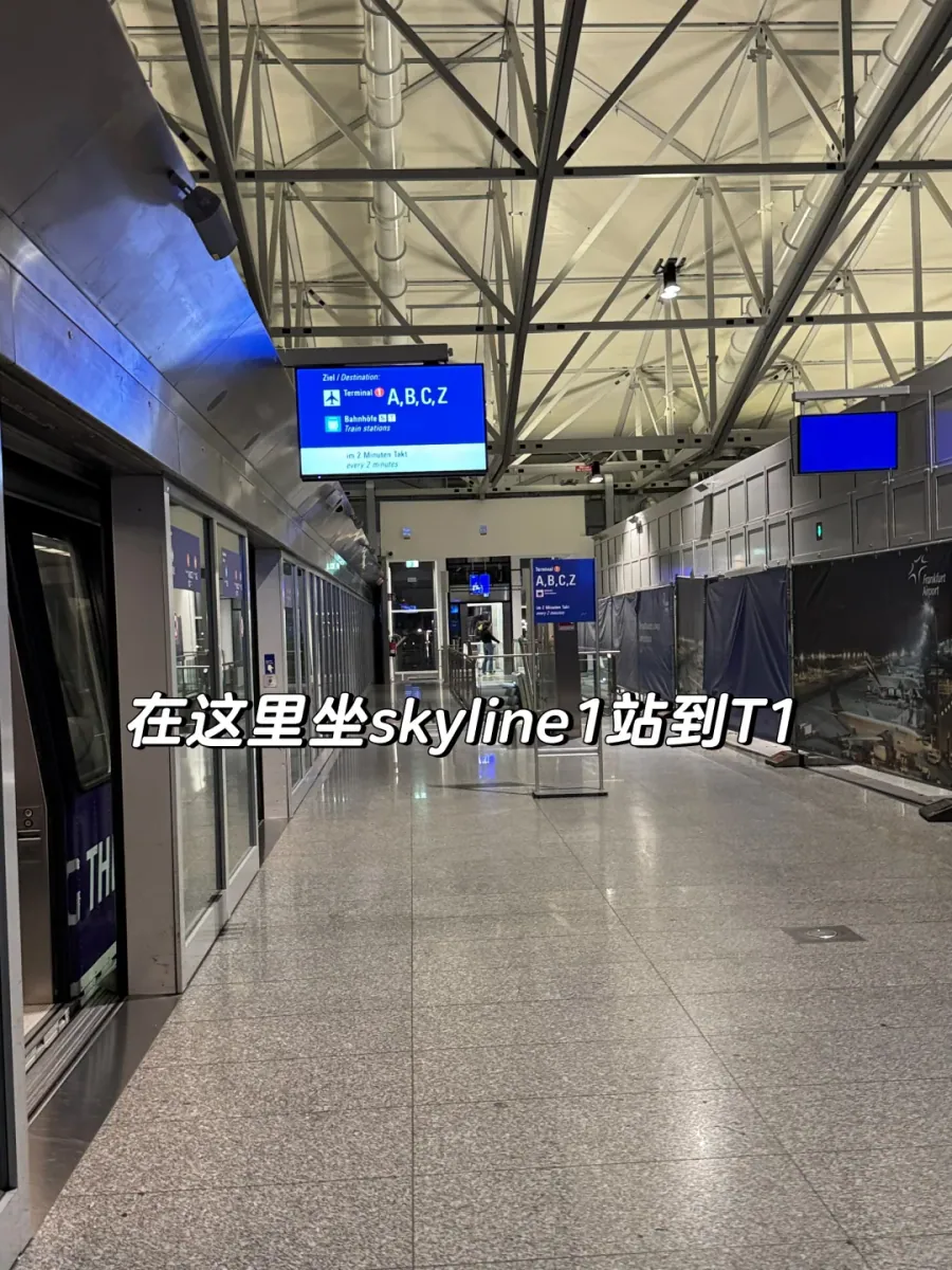 The SkyLine platform: a waiting area behind glass screen doors, with a sign overhead reading SkyLine and Terminal 1