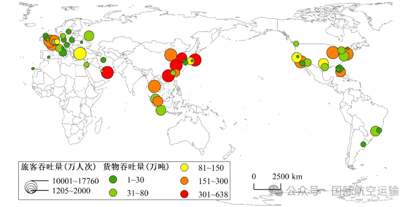 Global distribution of multi-airport systems in 2018; dot size and colour encode passenger and cargo volumes