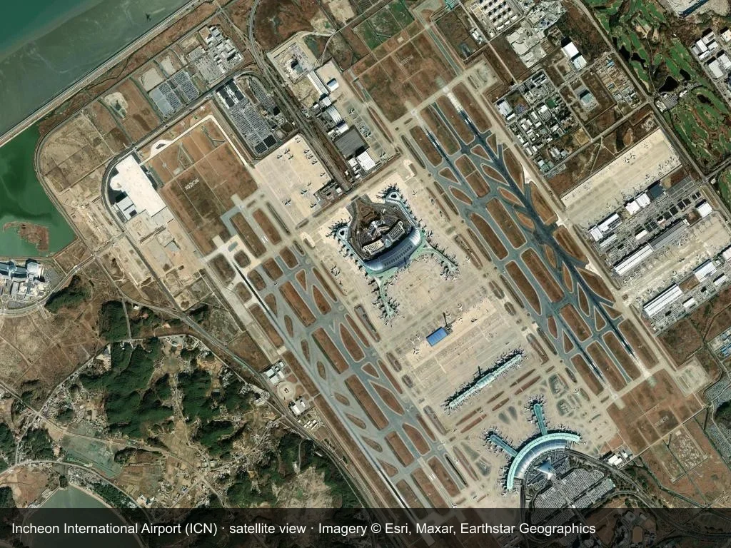 Satellite view of Incheon International Airport on Yeongjong Island, with its terminals, runways and reclaimed land
