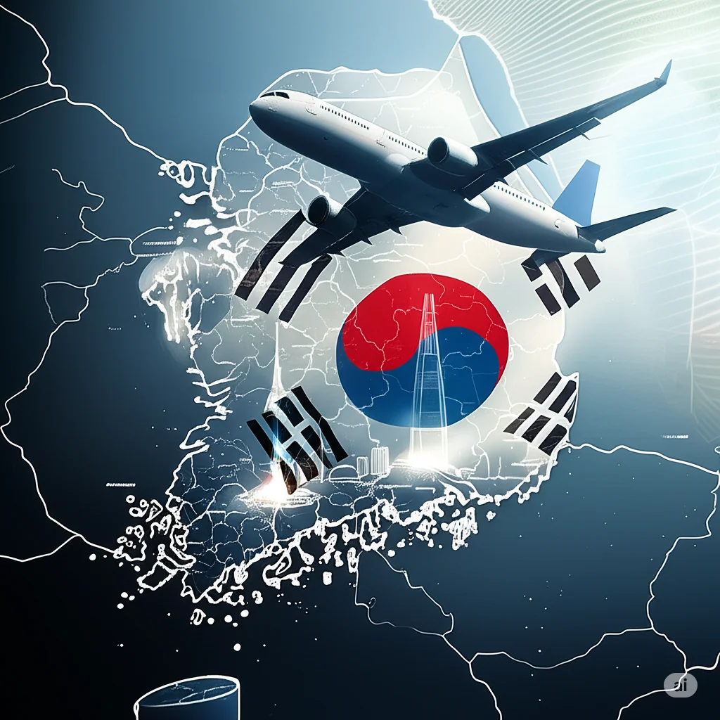 Illustration of a plane over a map of South Korea