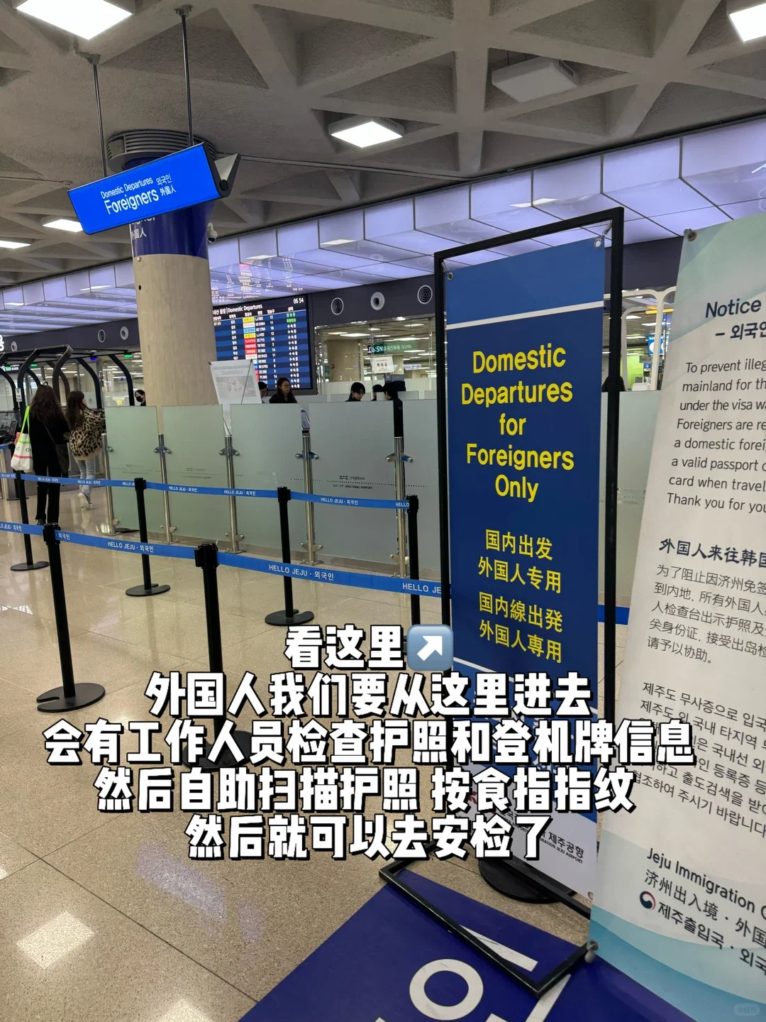 A blue stand reading "Domestic Departures for Foreigners Only" beside the queue barriers