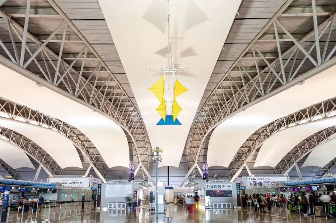 The arched steel roof of the departures hall at Kansai International Airport, Terminal 1