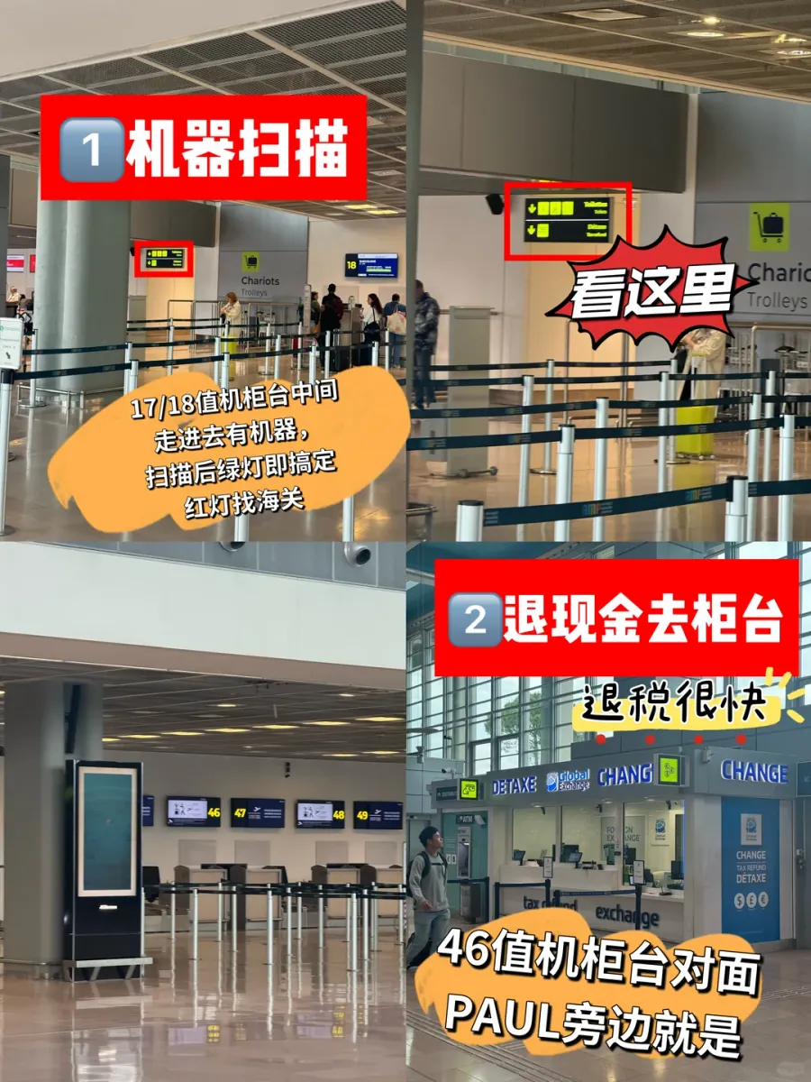 A four-panel guide to the refund points at Marseille airport: yellow overhead signs in the check-in area top left and top right, counters 46 to 49 bottom left, and the DÉTAXE and Global Exchange desk bottom right, with labels putting the scanner between rows 17 and 18 and the cash desk opposite row 46 beside PAUL