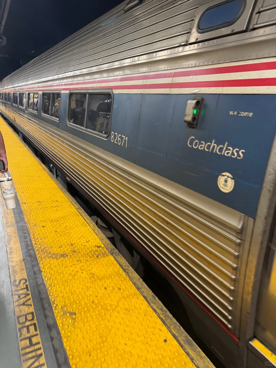 An Amtrak coach at the platform