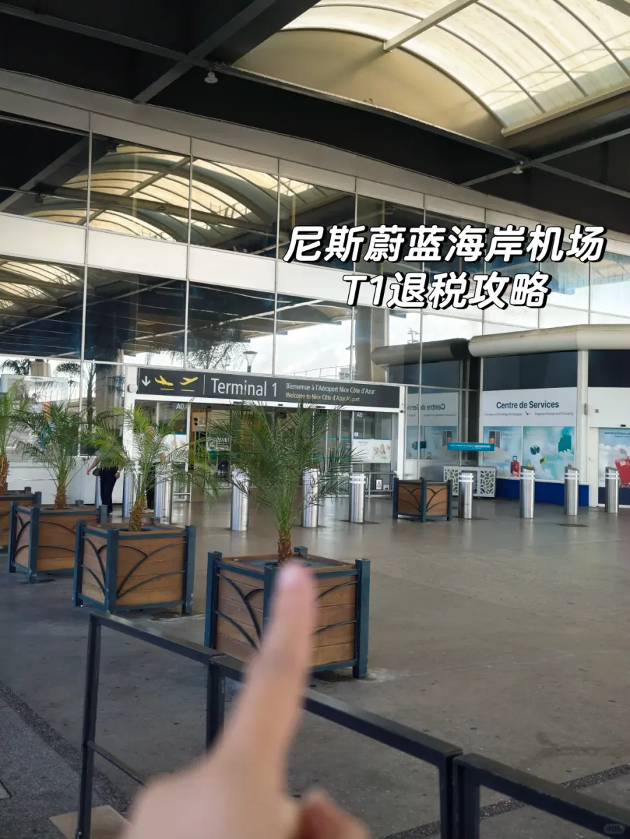 The entrance to Terminal 1 at Nice airport: a glass facade, wooden planters with palms and a sign reading Terminal 1