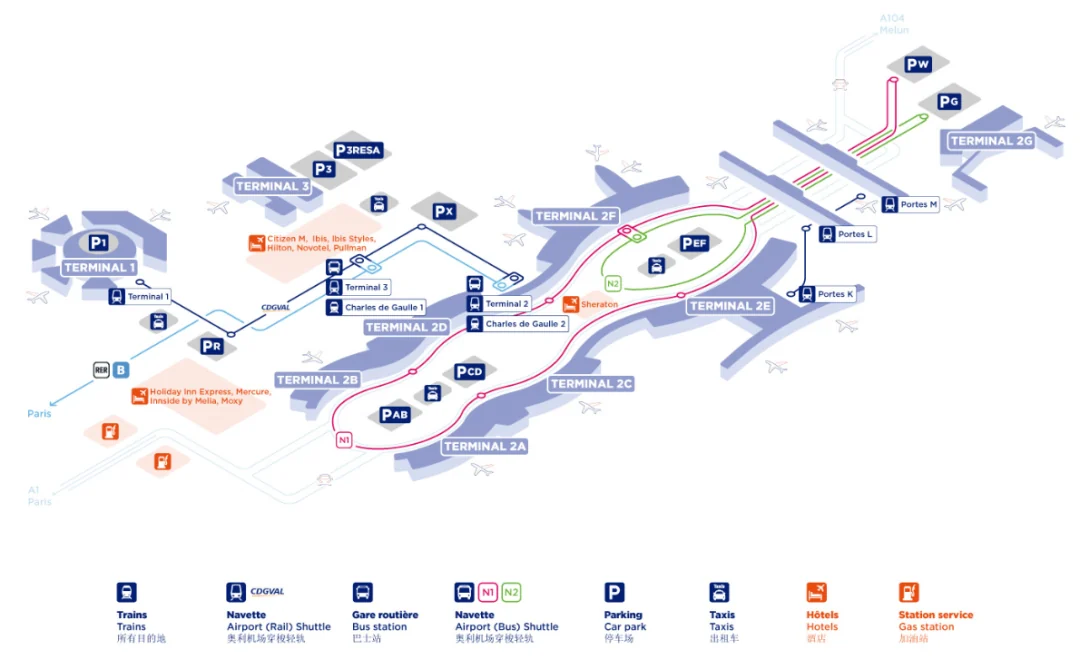 Map of Paris CDG: Terminals 1, 3 and the T2 sub-terminals with the car parks, the CDGVAL line and the shuttle buses, and a legend for trains, bus stations, parking, taxis and hotels