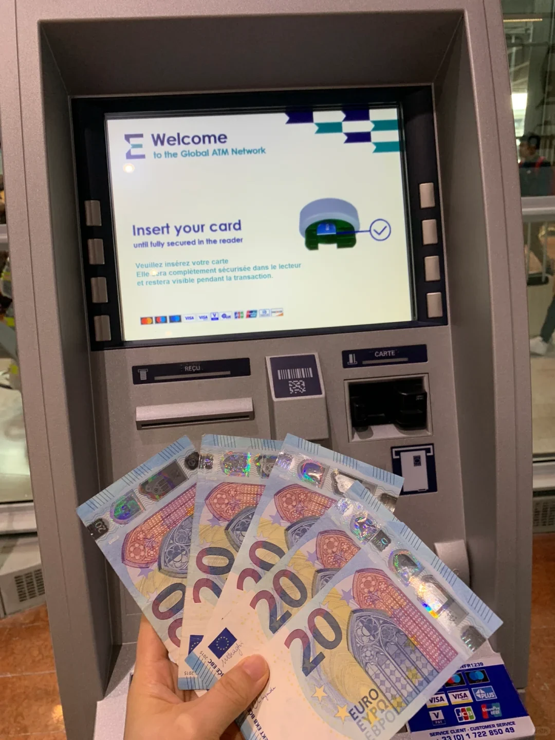 Euros withdrawn from a CDG ATM — the machines take UnionPay, Visa and Mastercard