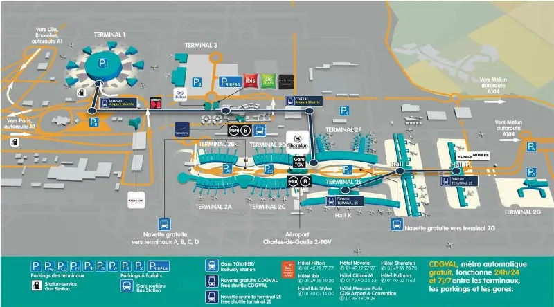 Map of Paris CDG: the circular Terminal 1, Terminal 3 and the seven T2 sub-terminals, with the car parks, the CDGVAL line and the Roissypole transport hub
