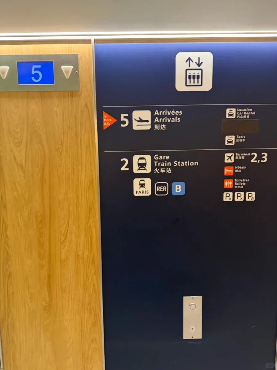The lift-lobby directory: level 5 Arrivées / Arrivals / 到达 and level 2 Gare / Train Station / 火车站 with the RER B mark, plus taxis, hotels, toilets and car parks