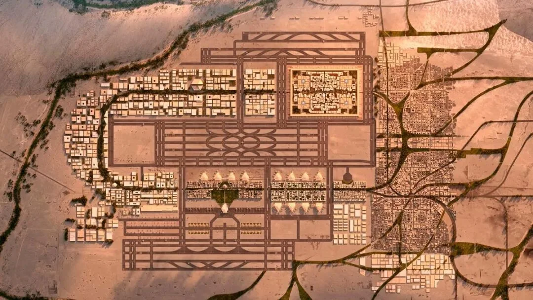 Masterplan rendering of King Salman International Airport: runways, terminals and a new city district spreading across the desert
