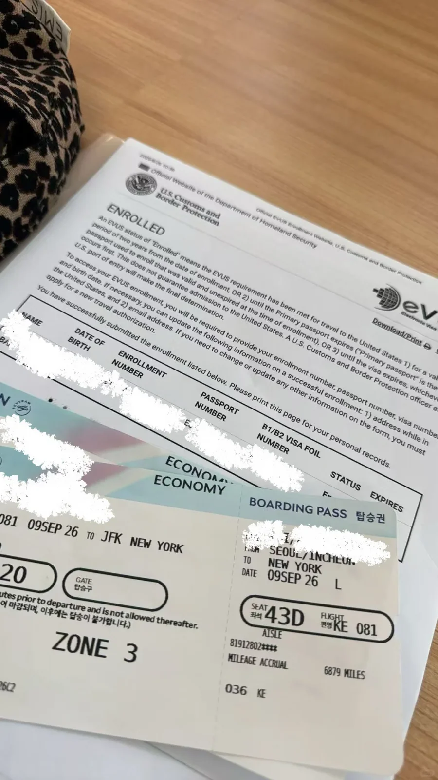The EVUS enrolment page and two boarding passes checked at check-in
