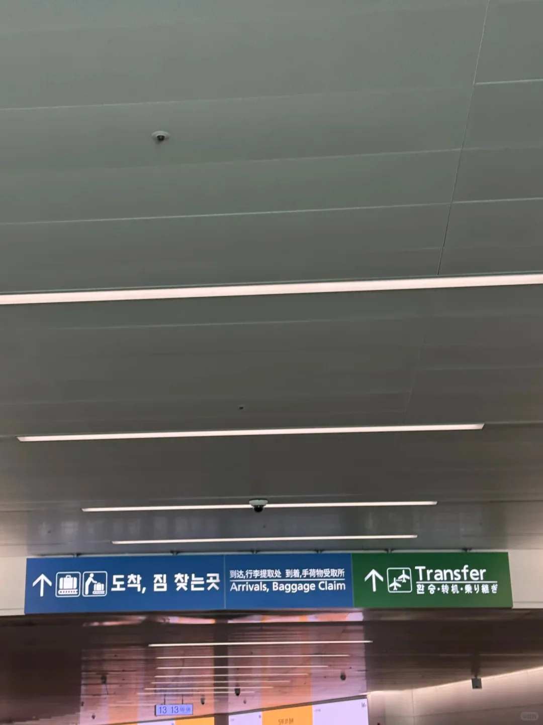 The green "Transfer" and blue "Arrivals" signs above the arrivals level at Incheon