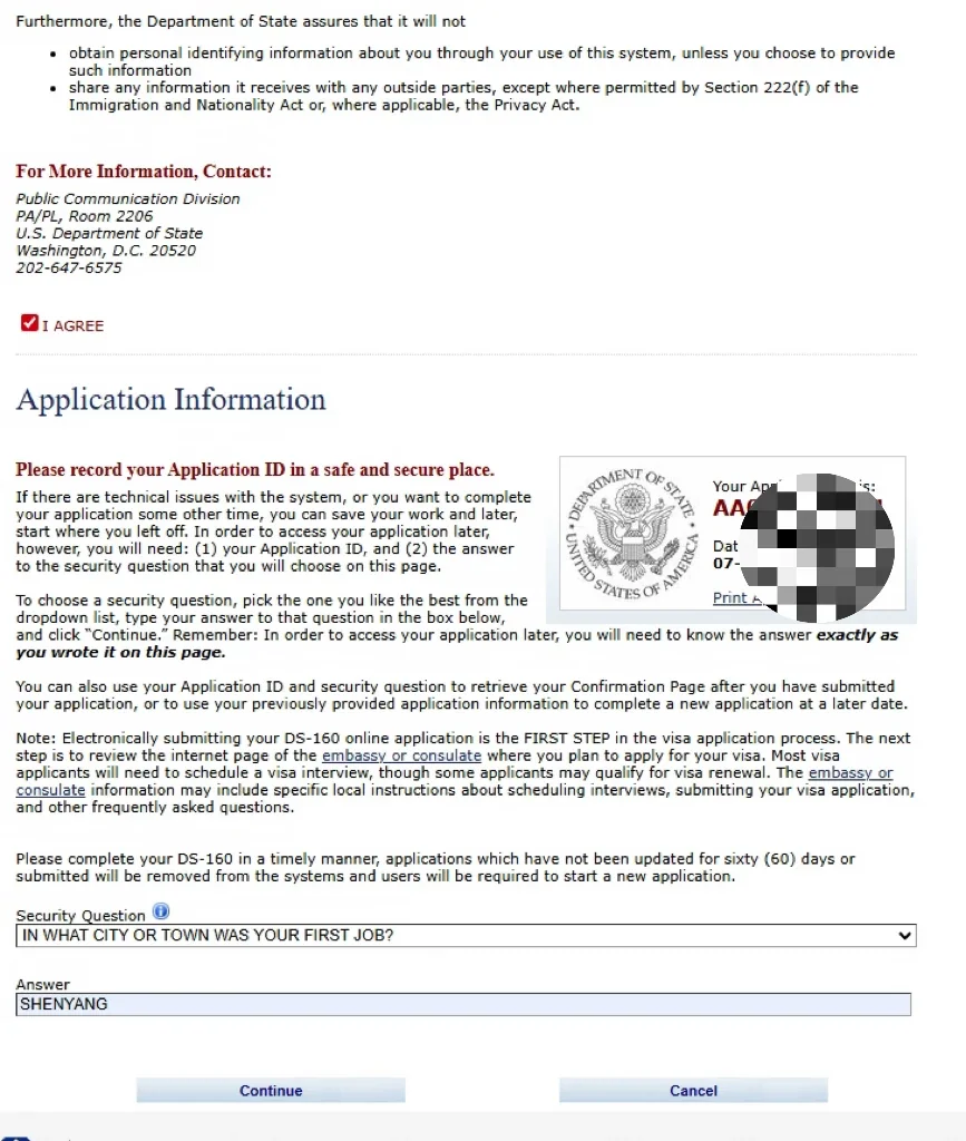 The DS-160 application page: AA number, security question and the resume prompt