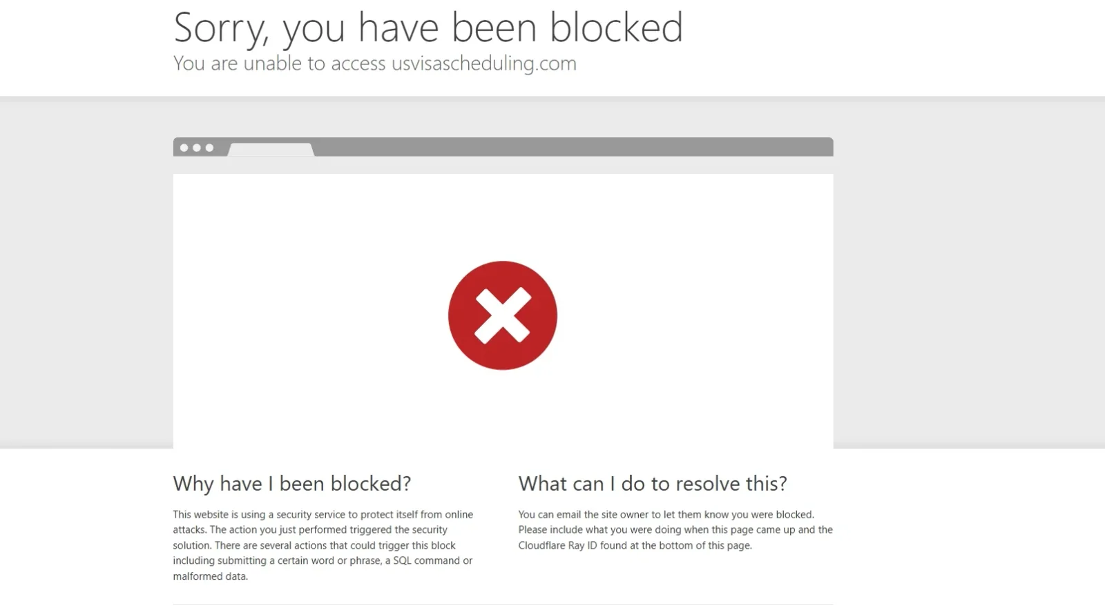 The appointment page showing access blocked; try another browser or another time