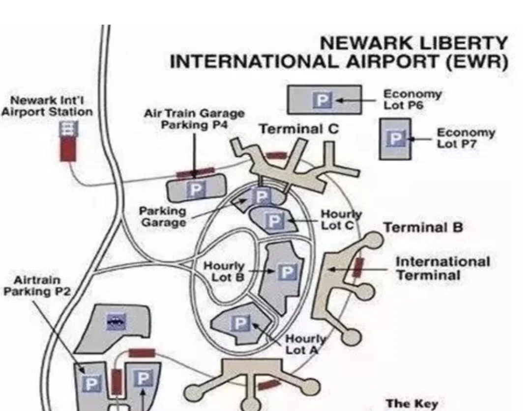 Layout of New York Newark Liberty International Airport: Terminals A, B and C with the international terminal at B, the parking garages, and the AirTrain stops linking to the rail station and rental cars