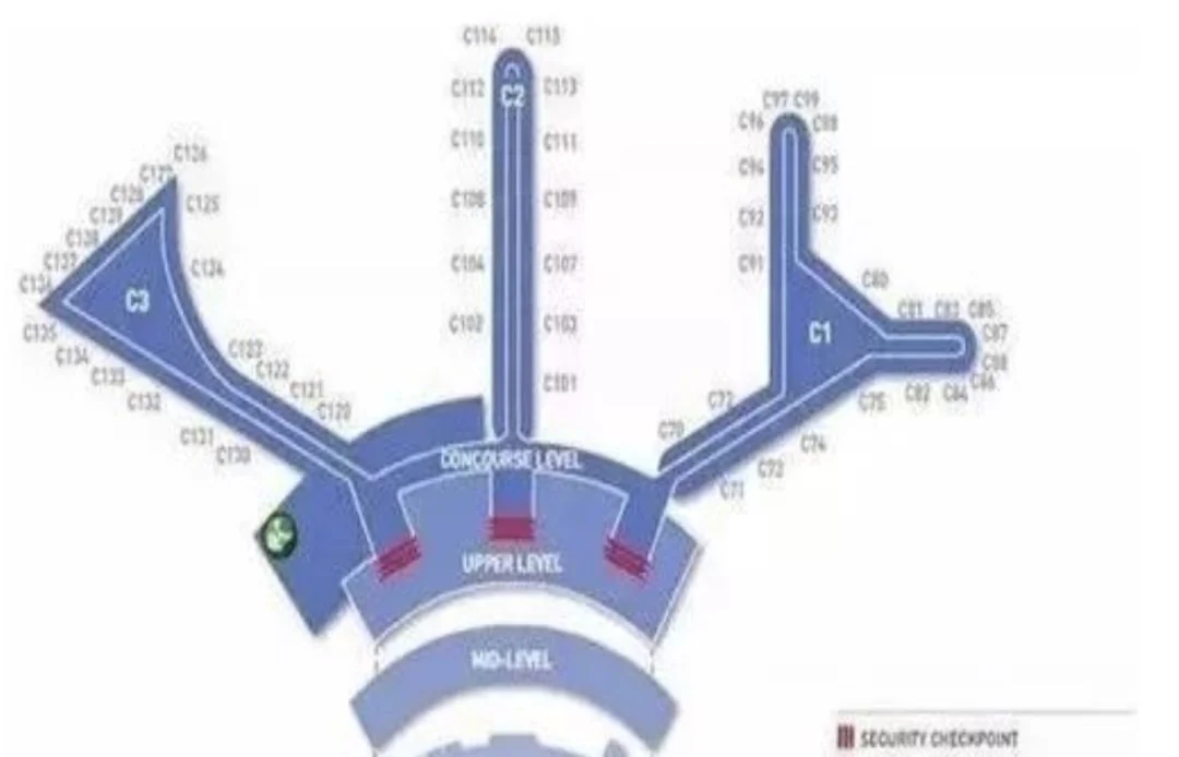 Concourse diagram of Newark Terminal C: the C1, C2 and C3 concourses with their gate numbers and security checkpoints