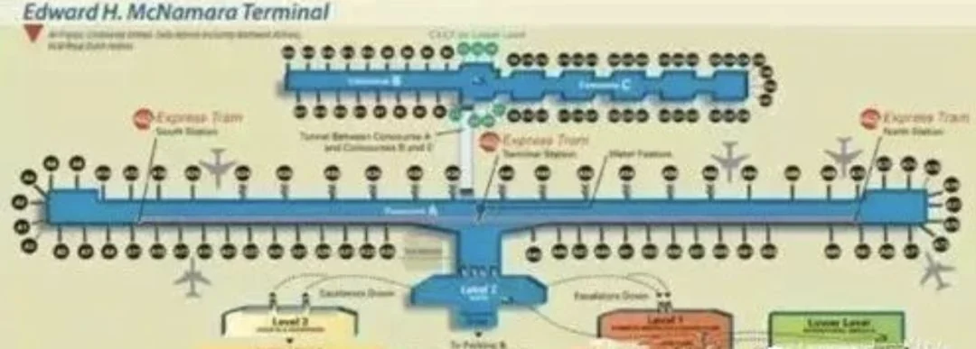 McNamara Terminal at Detroit: Concourse A with Concourses B and C, the Express Tram stations, and how Level 1, Level 2 and the lower arrivals level relate