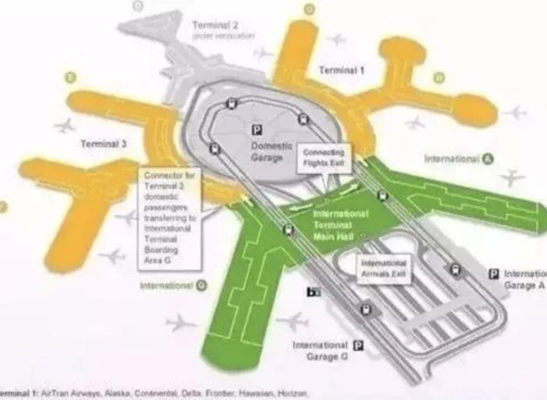 Map of San Francisco International Airport: domestic Terminals 1 and 3, the International Terminal main hall, the domestic garage and where international arrivals exit