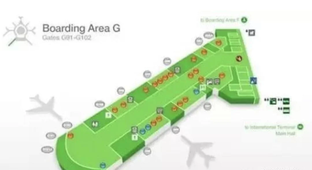 Boarding Area G at San Francisco International Airport: gates G91–G102 and the connections to Boarding Area F and the International Terminal main hall