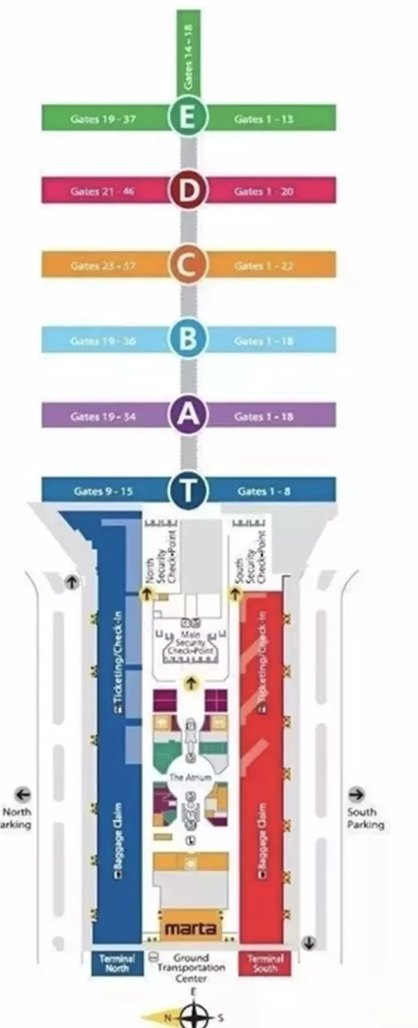 Atlanta airport terminal and concourse diagram: gate ranges for concourses T, A, B, C, D and E, plus ticketing, baggage claim, the main security checkpoint and the MARTA station in the domestic terminal