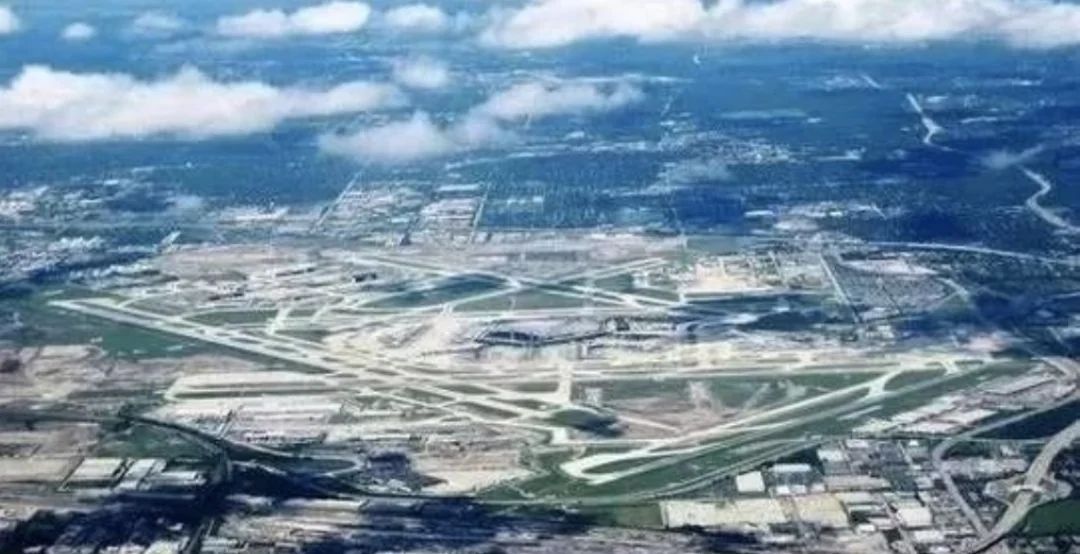 Aerial view of Chicago O'Hare International Airport: the dense runway layout and terminal buildings