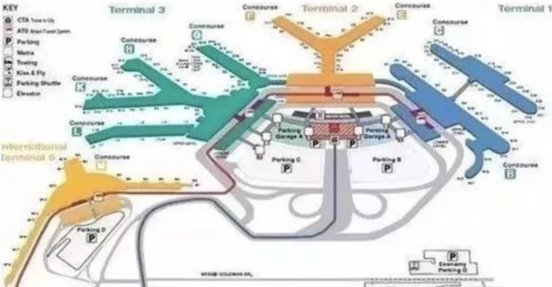 Terminal and concourse map of Chicago O'Hare: Terminal 1 (concourses B, C), Terminal 2 (E, F), Terminal 3 (G, H, K, L) and International Terminal 5 (concourse M), plus the ATS airport train, the CTA metro and the economy car parks