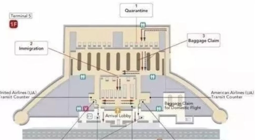 International arrivals at Chicago O'Hare Terminal 5: the sequence of quarantine, immigration and baggage claim, with the United and American transit counters and the arrivals lobby