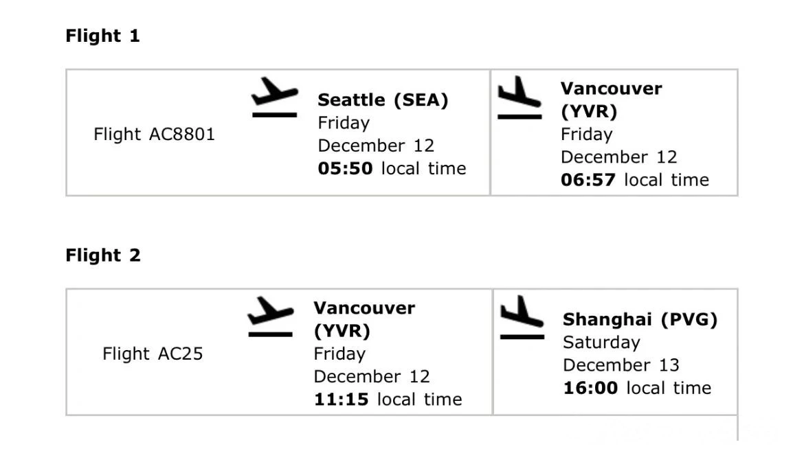 Itinerary: Seattle–Vancouver (AC8801) and Vancouver–Shanghai (AC25)