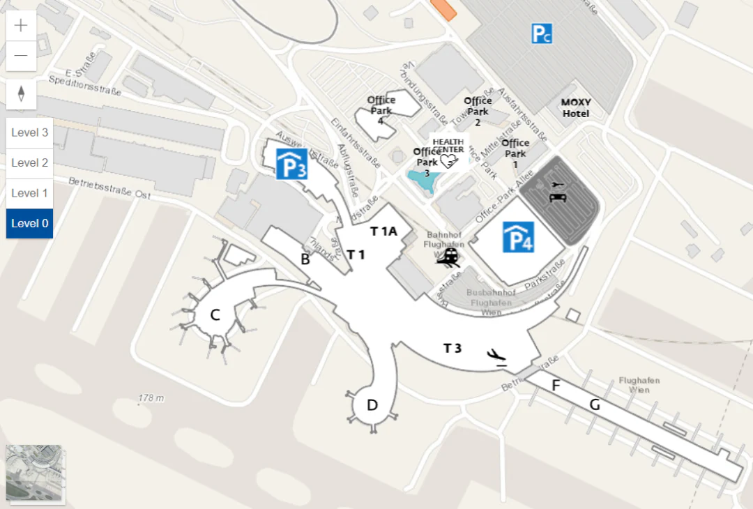 Map of Vienna Airport: Terminals 1, 1A and 3, the B, C, D, F and G gate areas, car parks P3 and P4 and the Office Park buildings