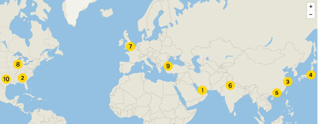The February 2026 top ten on a world map, numbered by rank