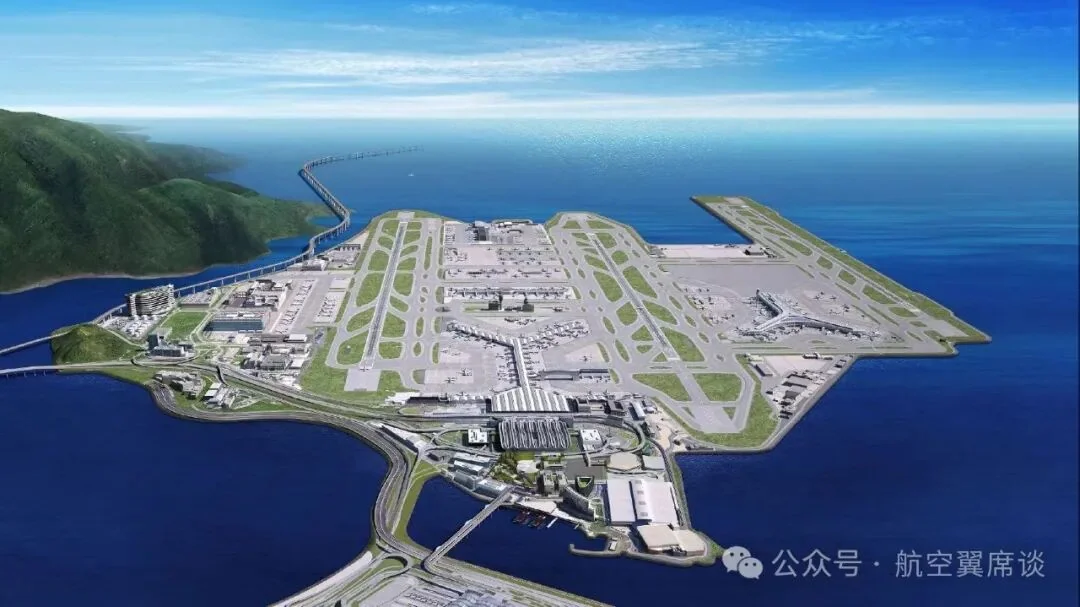 Aerial view of Hong Kong International Airport's runways, cargo area and terminals