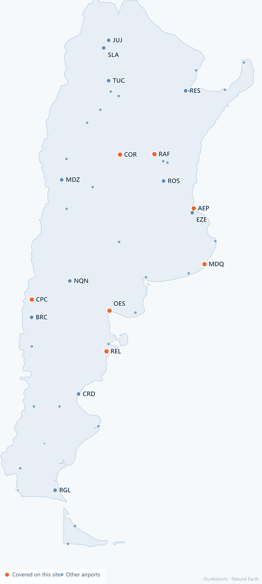 Argentina airport distribution map: 46 scheduled airports