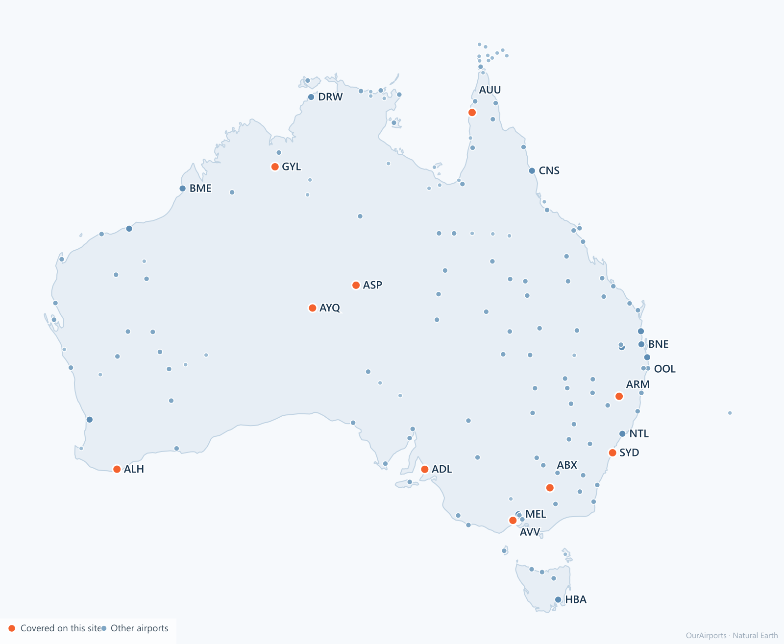 Australia airport distribution map: 156 scheduled airports