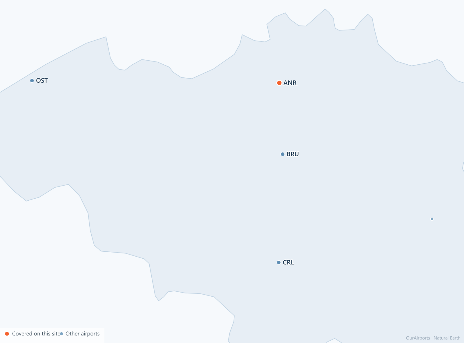 Belgium airport distribution map: 5 scheduled airports