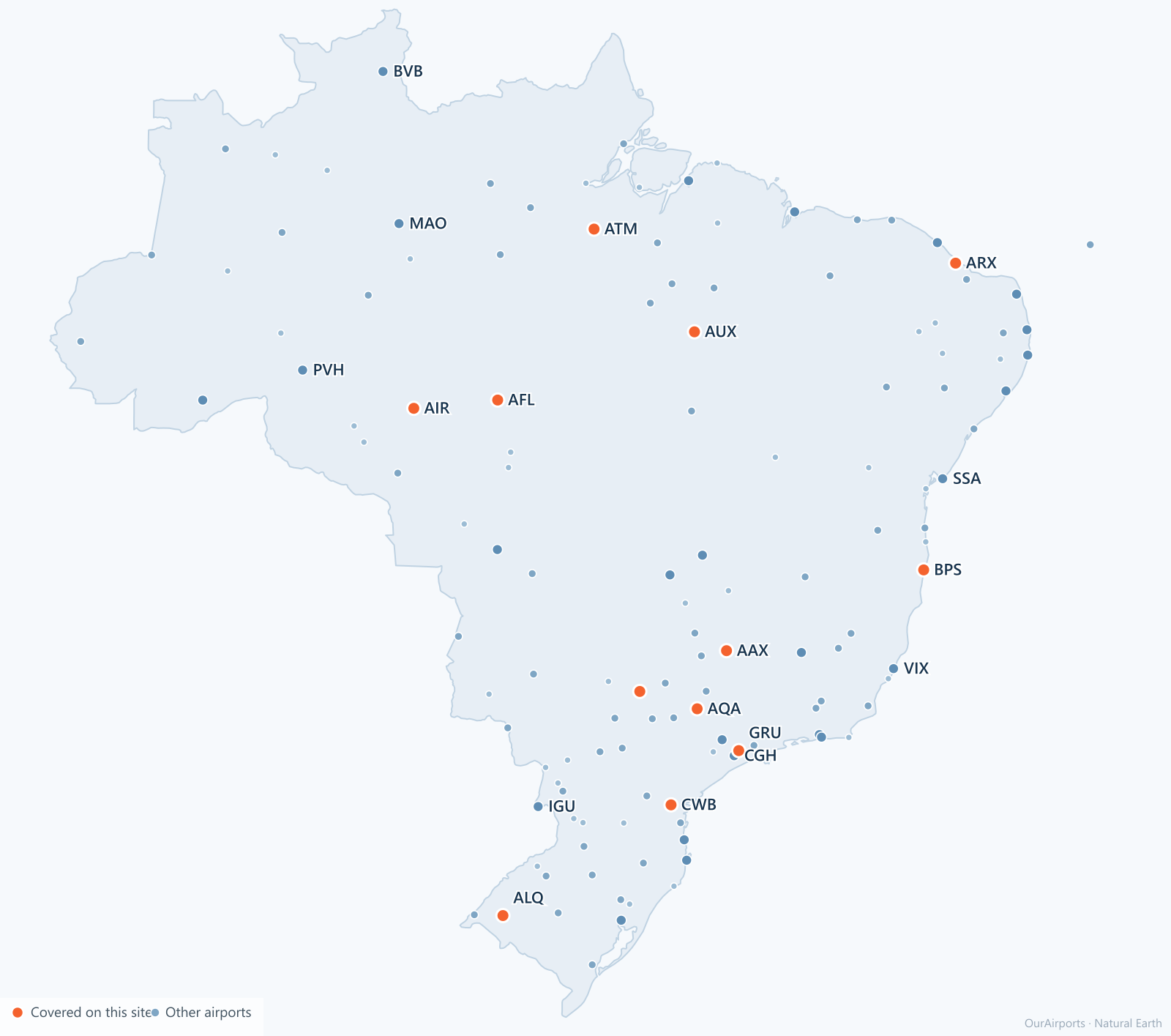 Brazil airport distribution map: 132 scheduled airports