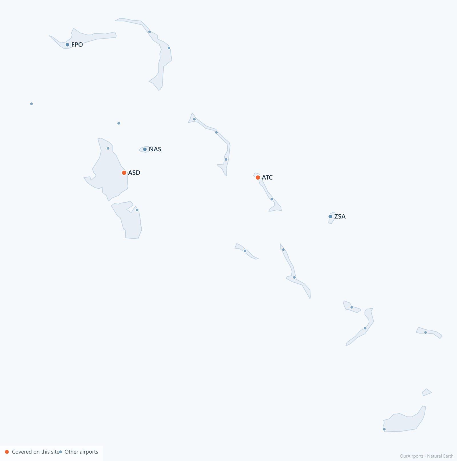 Bahamas airport distribution map: 22 scheduled airports