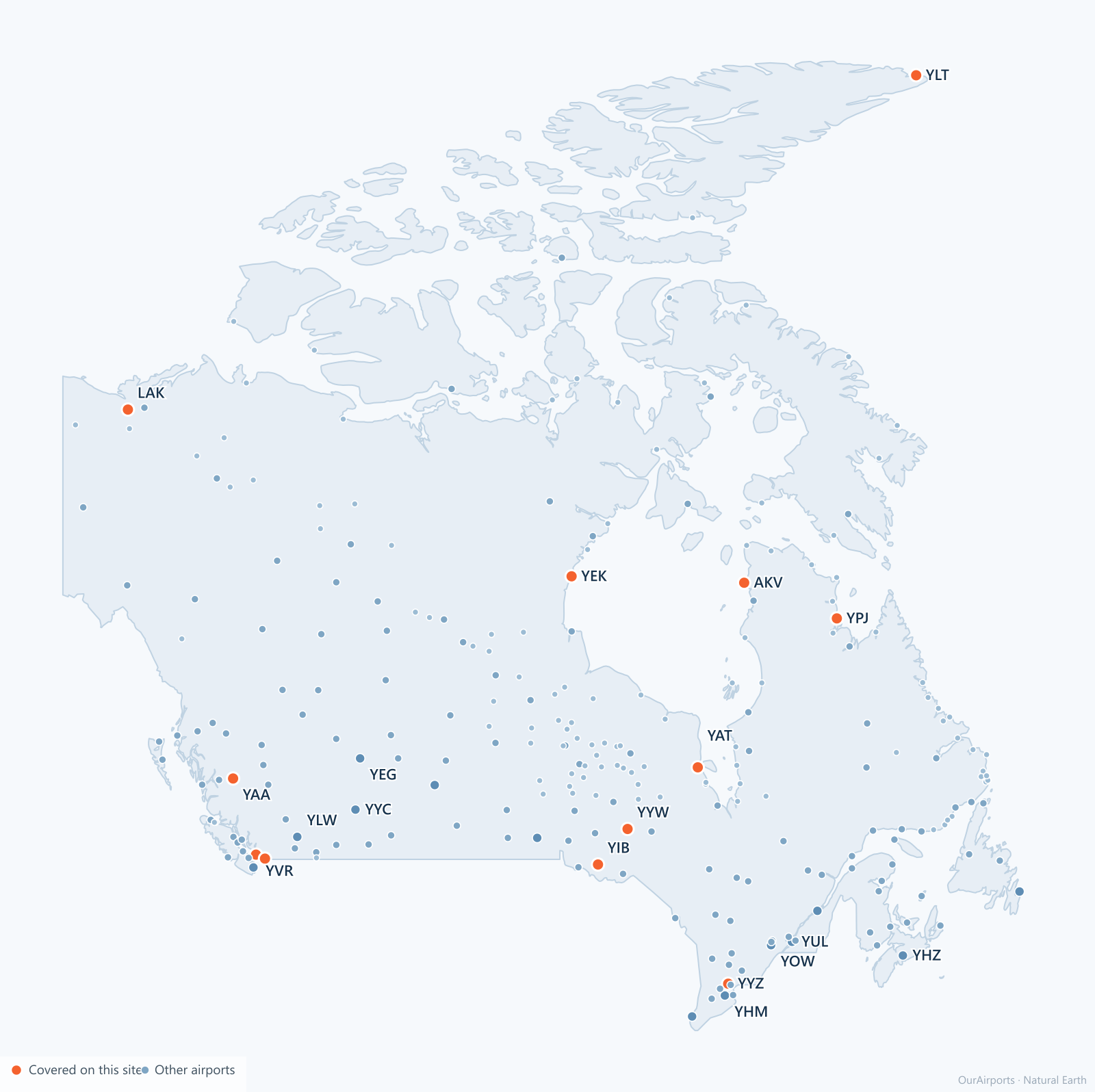 Canada airport distribution map: 255 scheduled airports