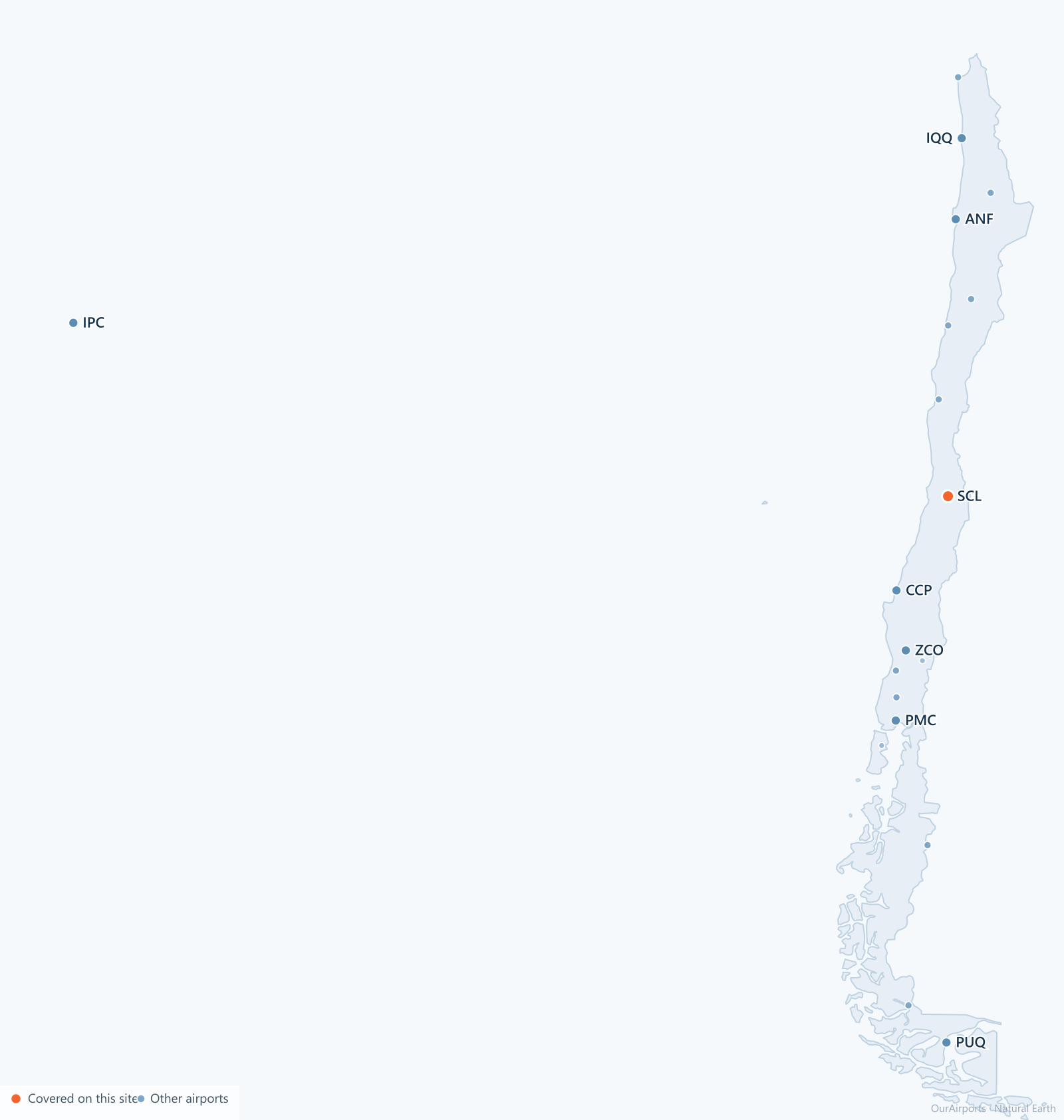 Chile airport distribution map: 19 scheduled airports