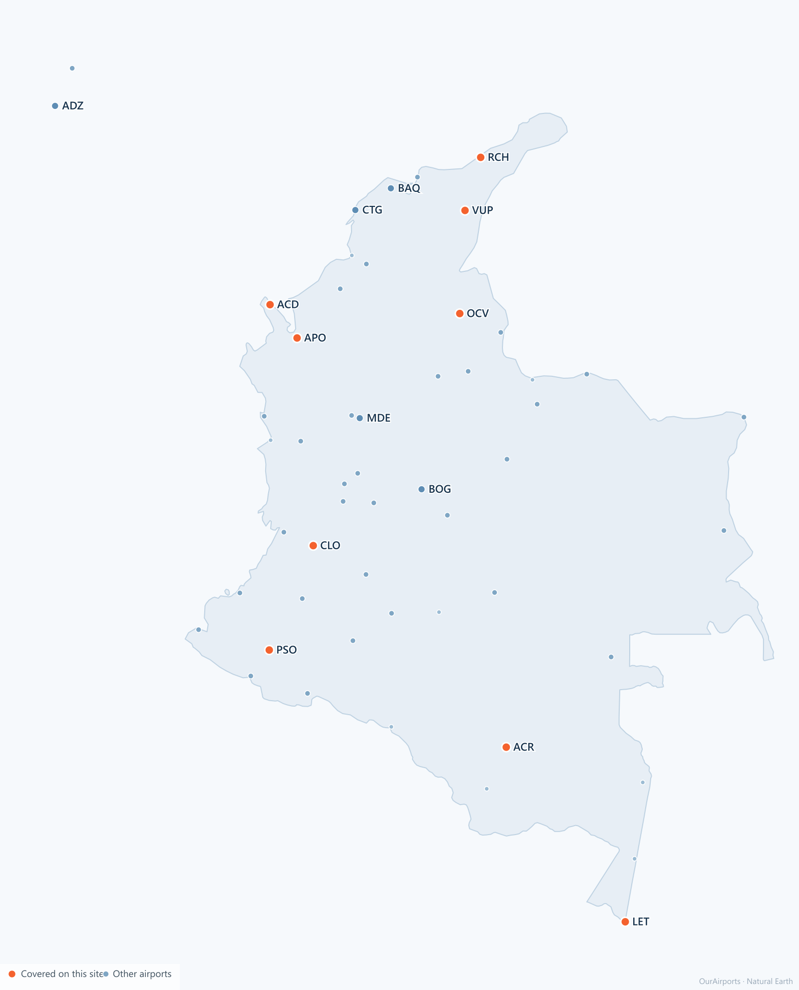 Colombia airport distribution map: 53 scheduled airports