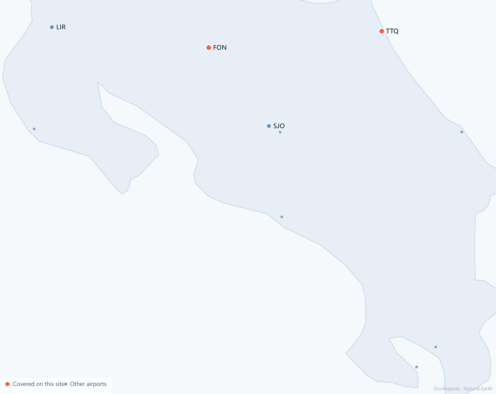 Costa Rica airport distribution map: 10 scheduled airports