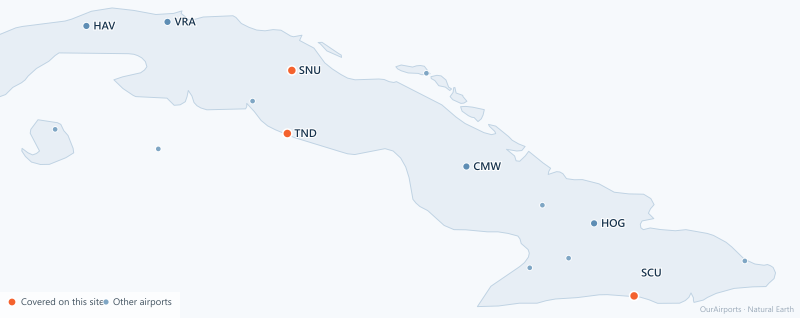 Cuba airport distribution map: 15 scheduled airports
