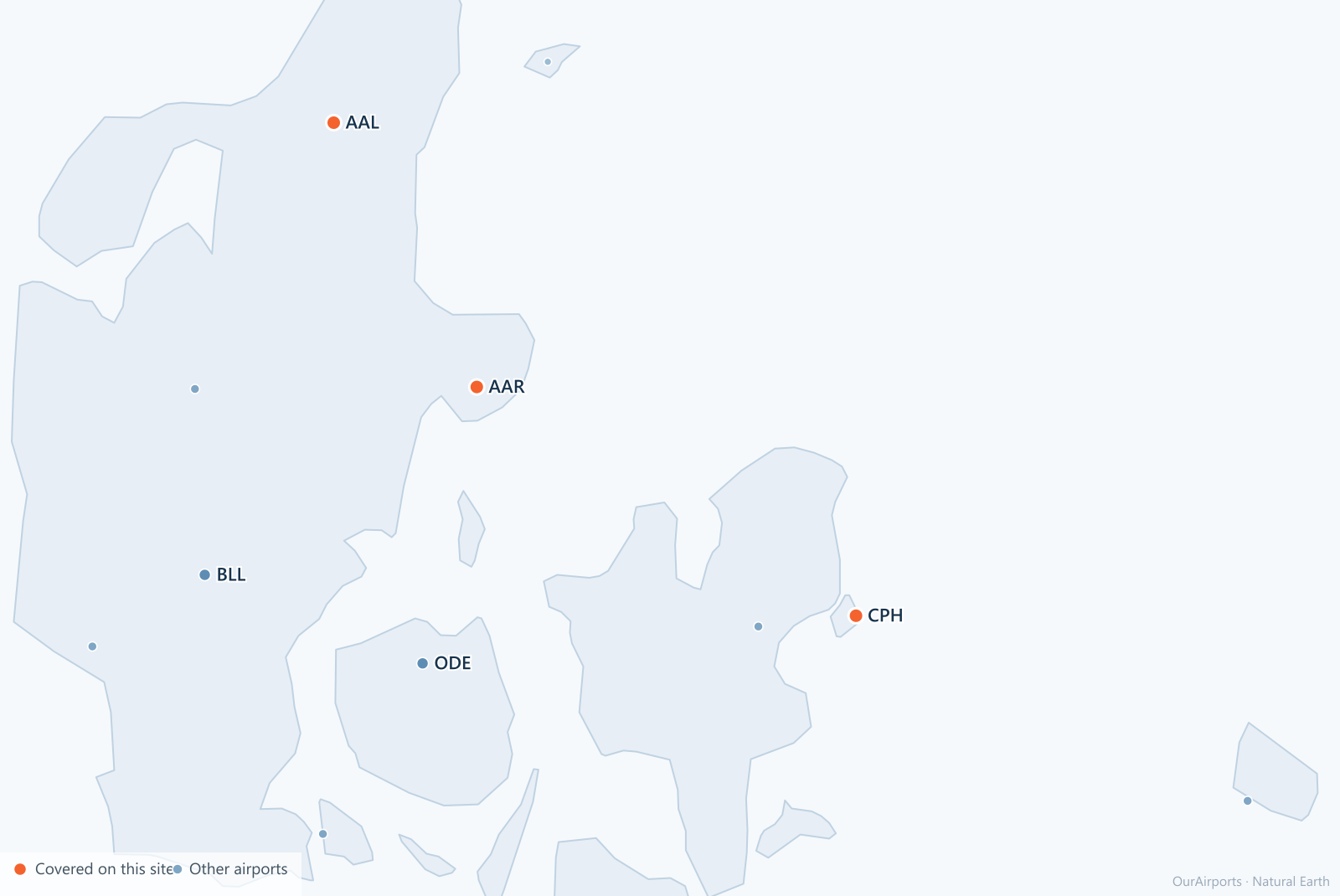 Denmark airport distribution map: 11 scheduled airports